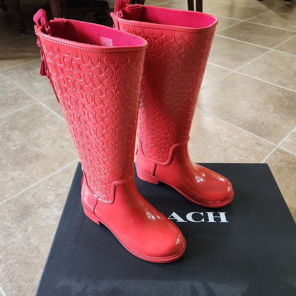 Coach Tall Red Embossed Rain Boots